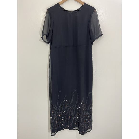 Romantic Goth Semi Sheer Mesh Maxi Floral Dress 10 Fairy Grunge 90s Witchy Roses - Picture 1 of 13